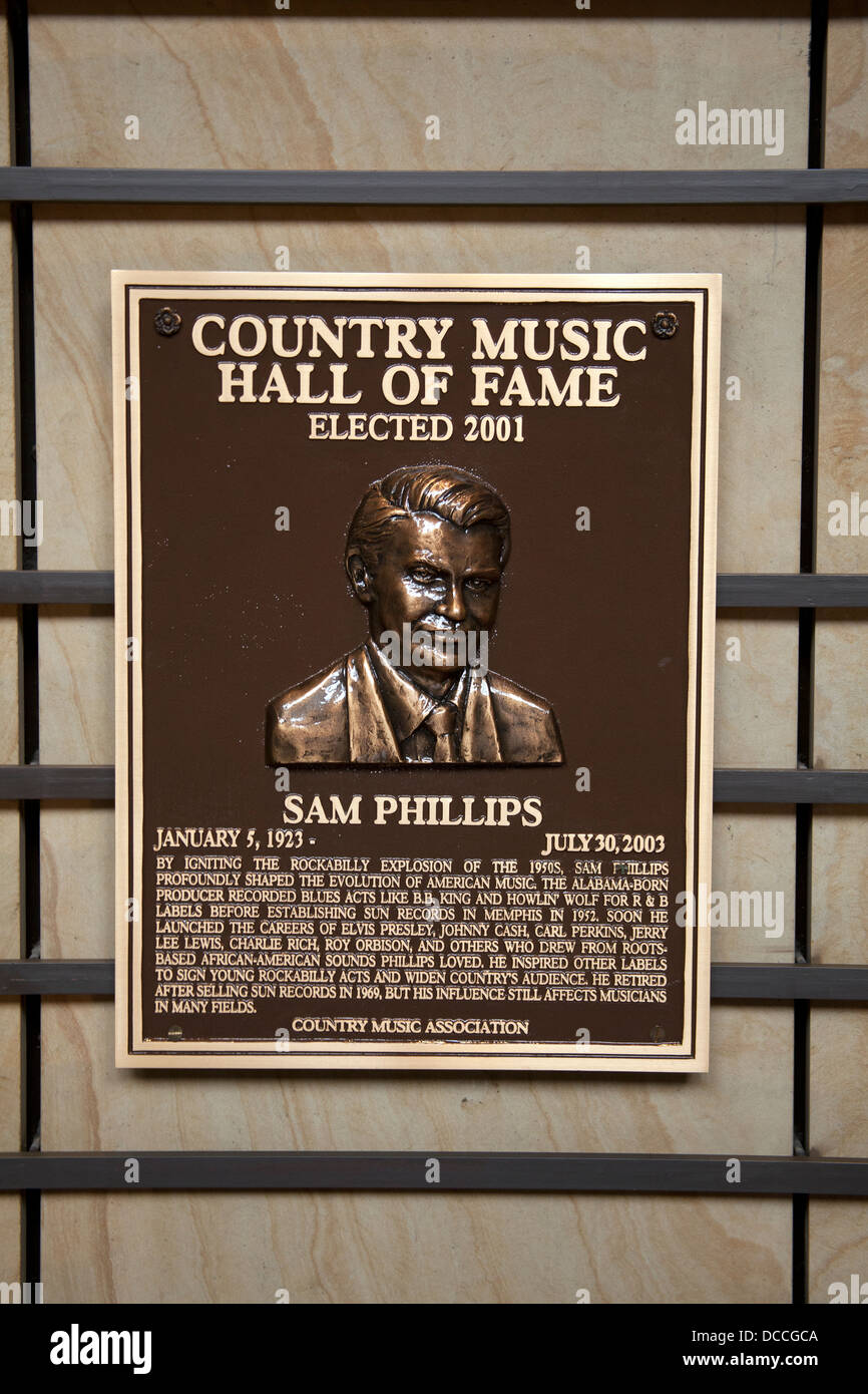 Sam Phillip's plaque in the Country Music Hall of Fame and Museum in Nashville Tennessee USA Stock Photo