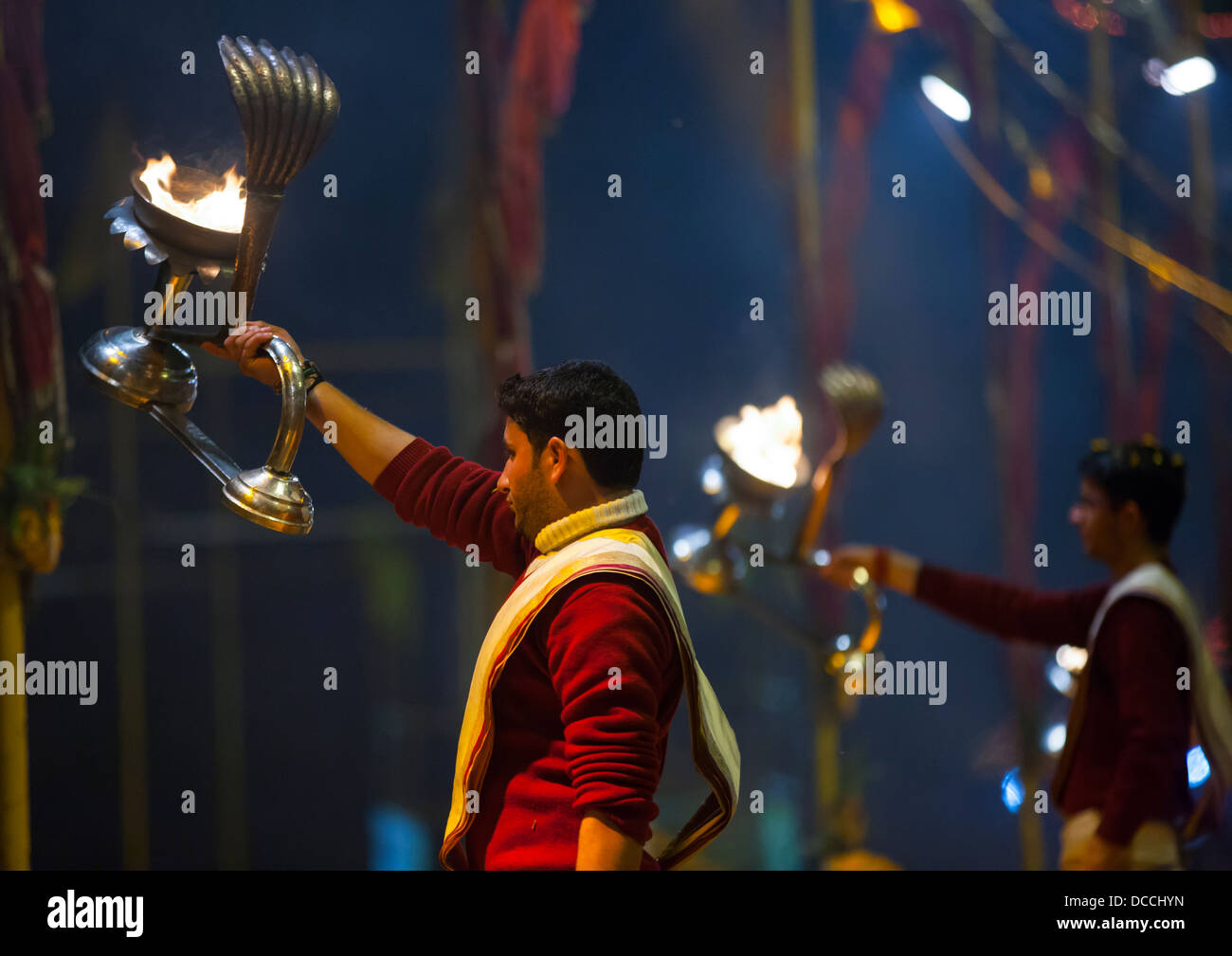 Evening Ganga Aarti Ritual On The Ghats, Varanasi, India Stock Photo ...