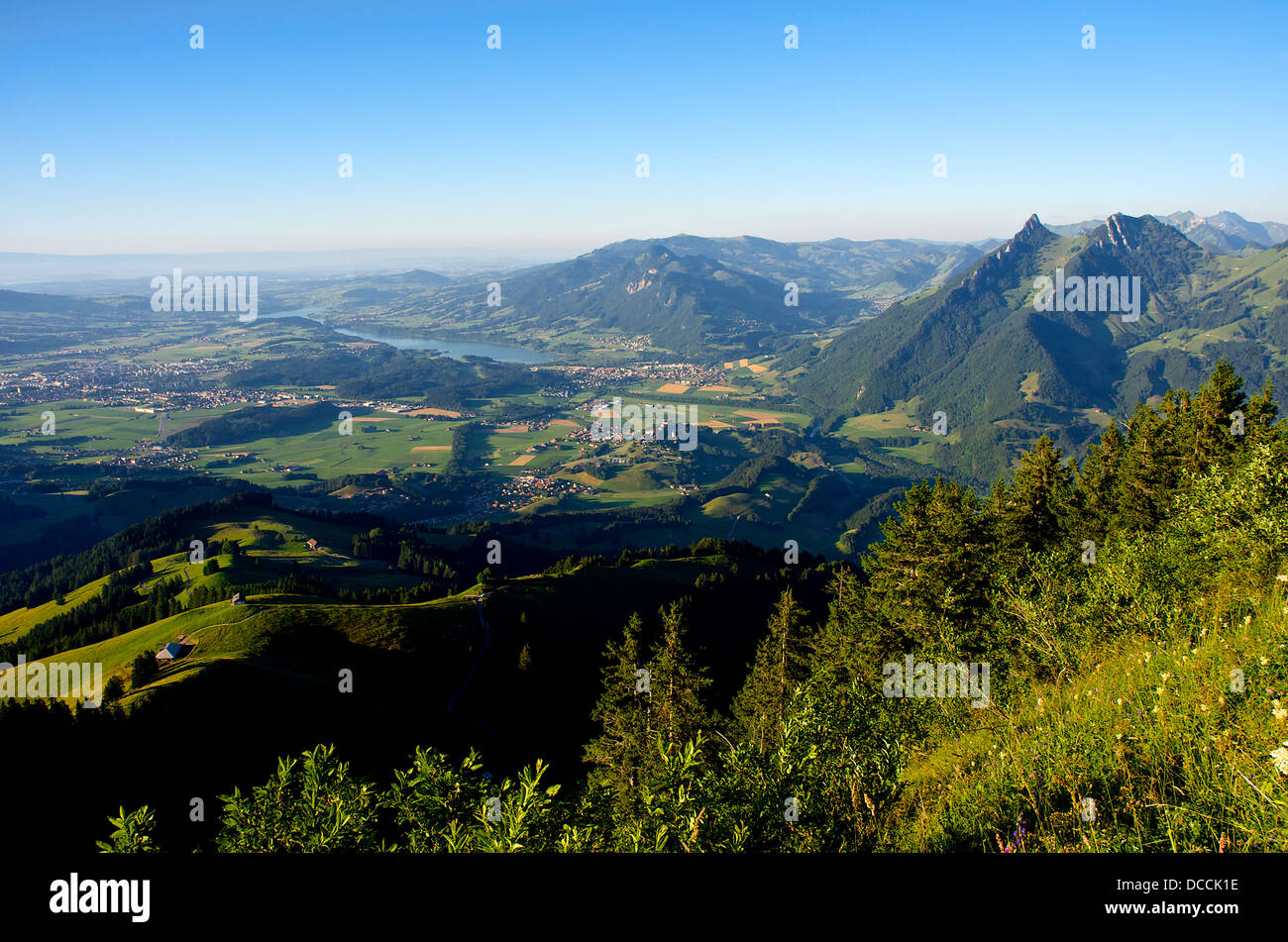 Panoramic view of the green Gruyère region in the Swiss Prealps Stock Photo