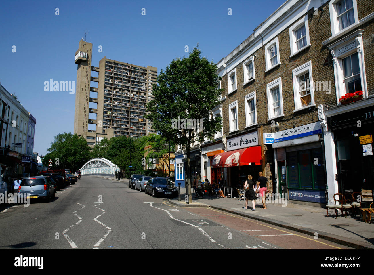View down Golborne Road to Trellick Tower, North Kensington, London, UK Stock Photo