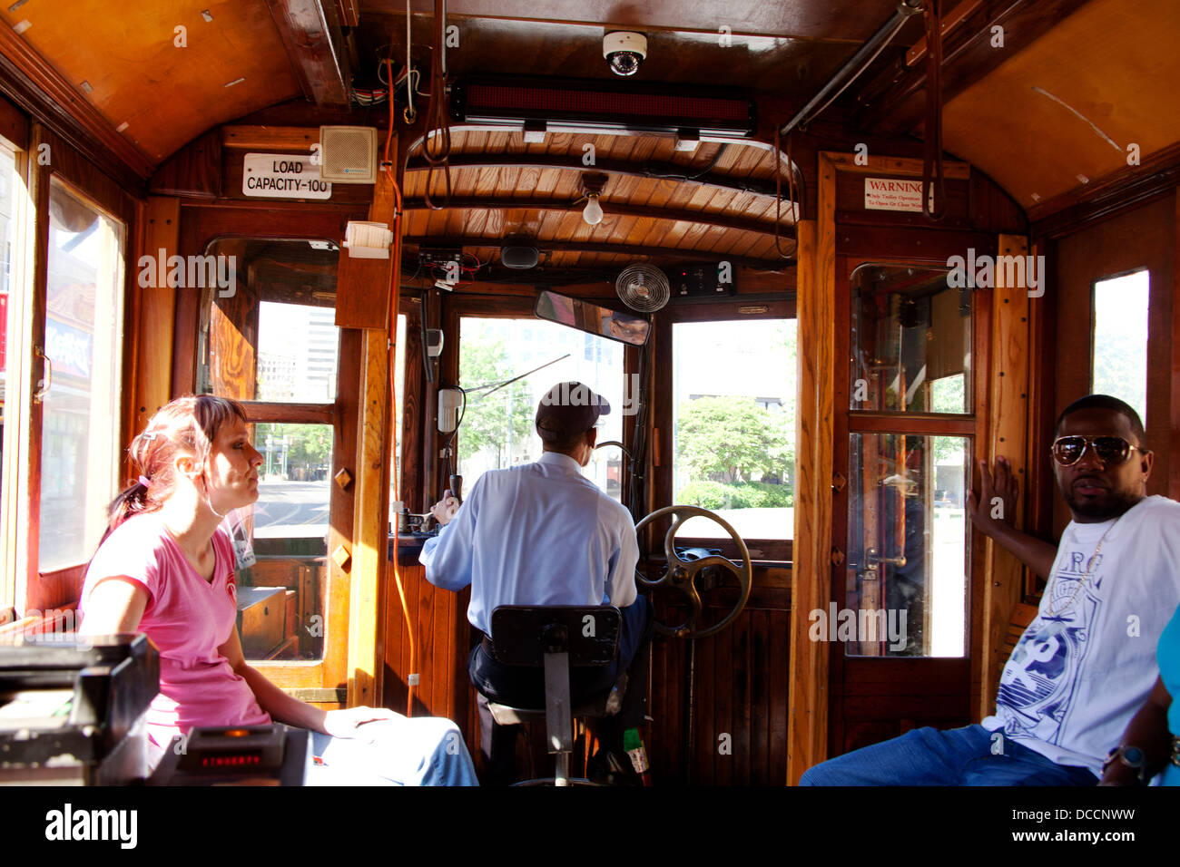 Interior of a vintage tram trolley car and its driver in Memphis Tennessee usa Stock Photo