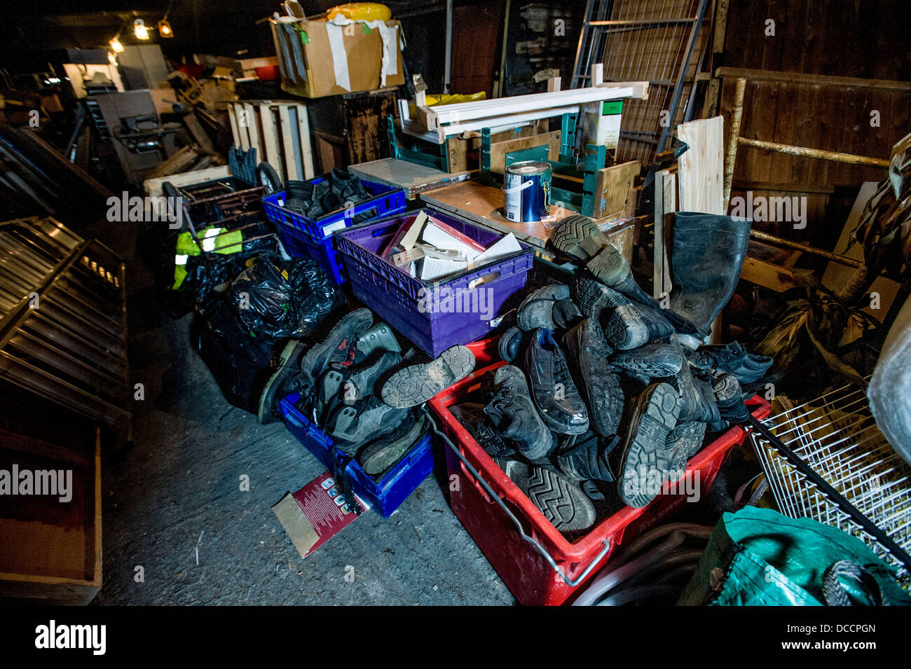 adjacent storage area includes all sorts of odds and sods cast off shoes from the Probation Service who because of recent cuts have seen all their training programmes closed down. The Remakery, Camberwell. Currently renovating an underground car park into a creative space due to open in September . Work started in July 2012 when founder Hannah Lewis 34 won was awarded planning permission by Lambeth Council and 100K grant after winning most votes in a poll organised by the council. Hannah got the idea from transition town concept in Brixton then met other like minded types like environmental Stock Photo