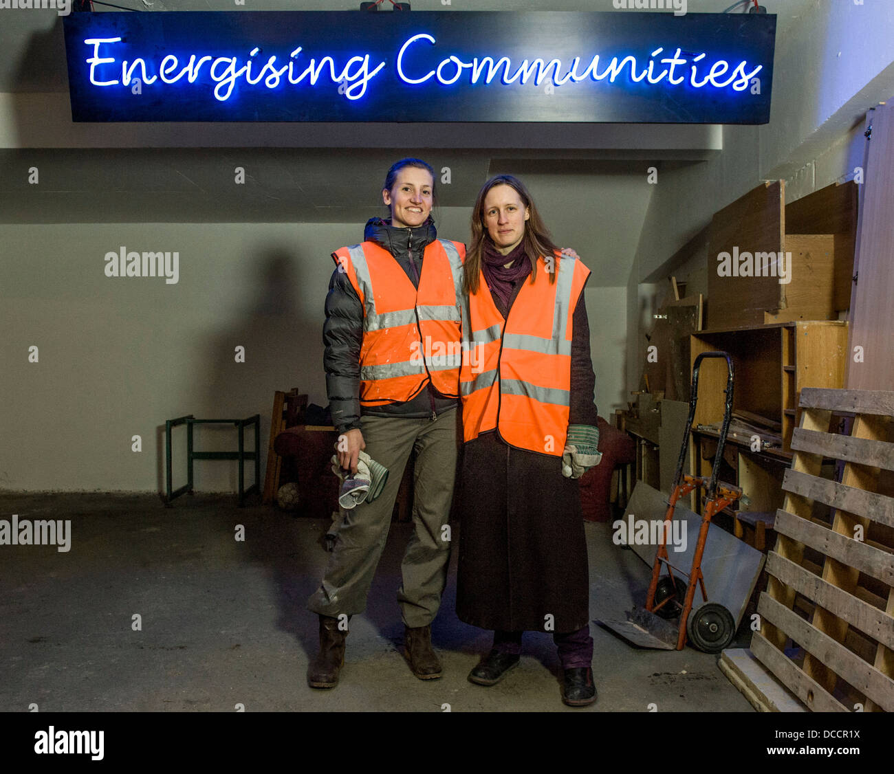 Hannah Lewis 34 founder [long hair centre ] and Rebekah Phillips 34 director The Remakery, Camberwell. Currently renovating an underground car park into a creative space due to open in September . Work started in July 2012 when founder Hannah Lewis 34 won was awarded planning permission by Lambeth Council and 100K grant after winning most votes in a poll organised by the council. Hannah got the idea from transition town concept in Brixton then met other like minded types like environmental policy adviser Rebekah Phillips at Re use conference. Renovation provides a training opportunity Stock Photo