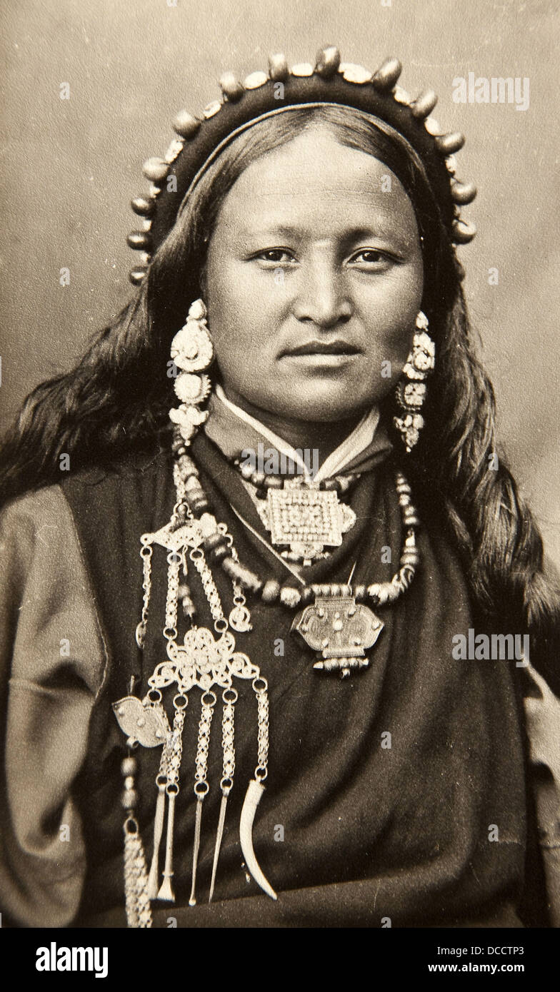 Tibetan woman , sepia postcard, Darjeeling, India, circa 1910 Stock Photo