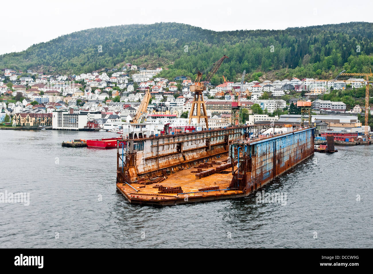 Submersible floating dry dock in the port of Bergen, Norway Stock Photo