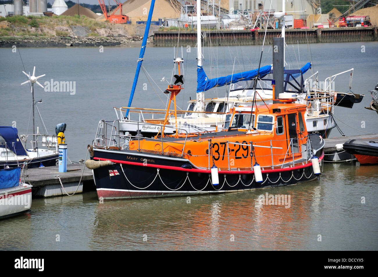 Chatham, Kent, England, UK. Chatham Historic Dockyard. RNLI Lifeboat 'Mary Gabriel' moored in the River Medway Stock Photo