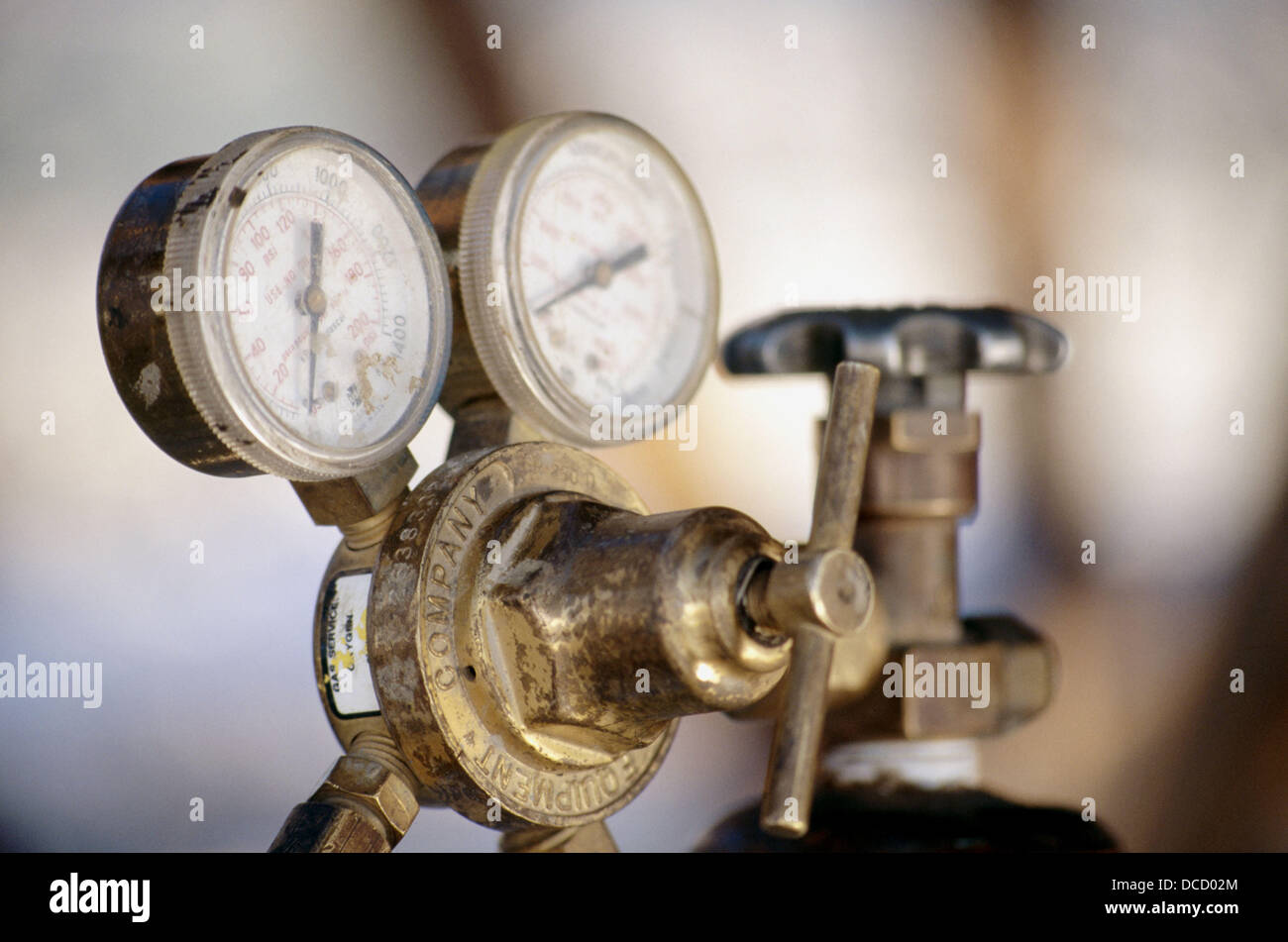 Gauges for cutting torch tanks. Oakland, California. USA Stock Photo