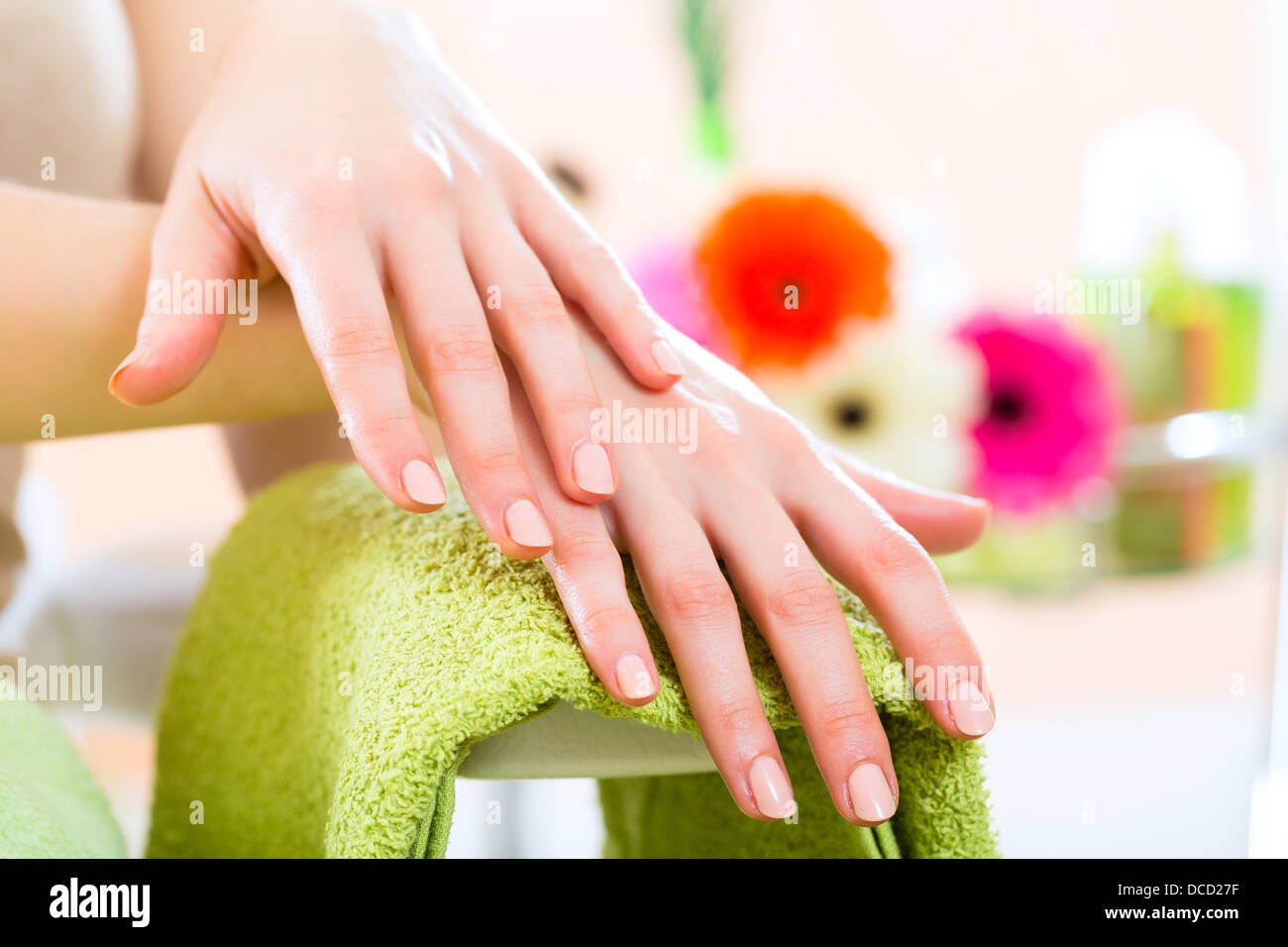 Woman in a nail salon receiving a manicure by a beautician, symbol picture with hands Stock Photo