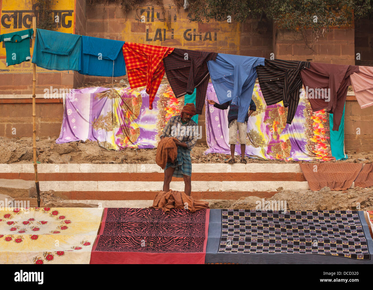 Man Drying Laundry At Lali Ghat, Varanasi, India Stock Photo