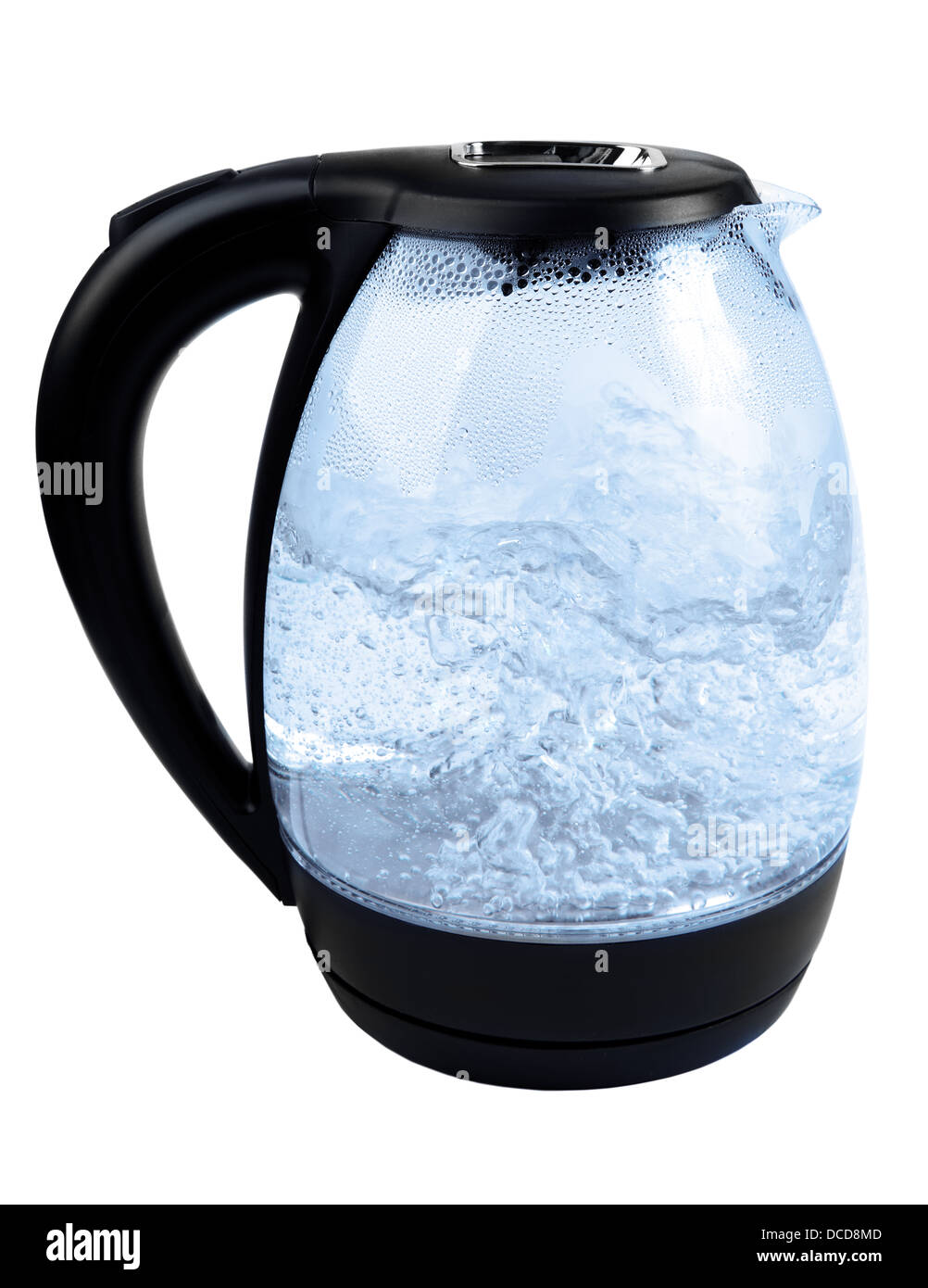 Modern kettle with blue illumination boiling water over white Stock Photo