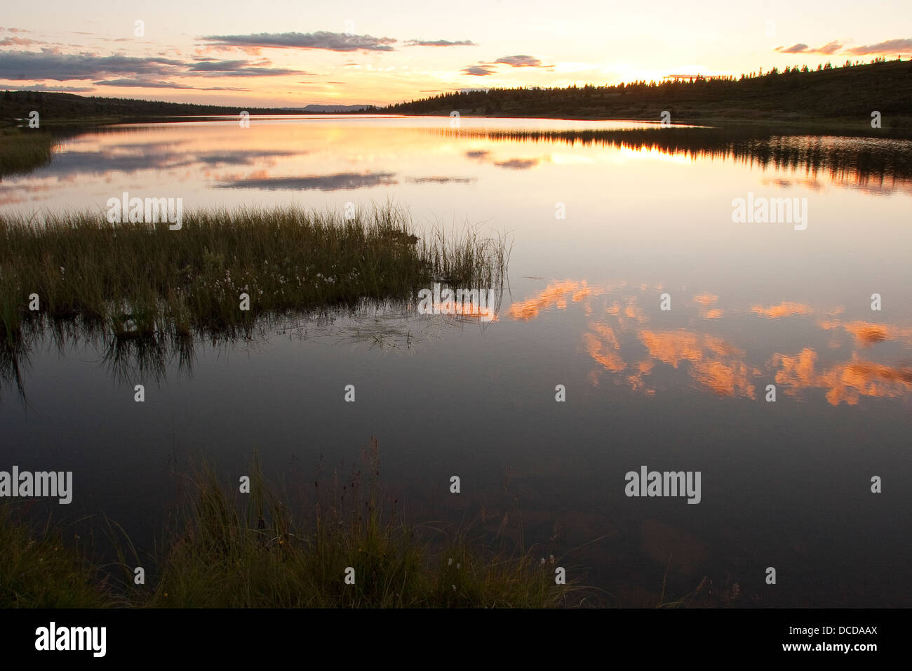 Abendstimmung an einem See in Skandinavien, Norwegen, Sonnenuntergang, Evening mood in a lake in Scandinavia, Norway, sundown Stock Photo