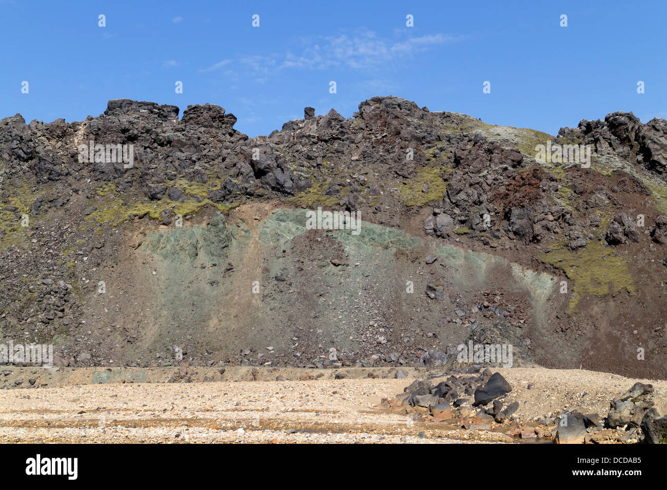 An example of stratified geology on the Laugahraun Lava Field Created During Two Separate Eruptions Landmannalaugar Iceland Stock Photo