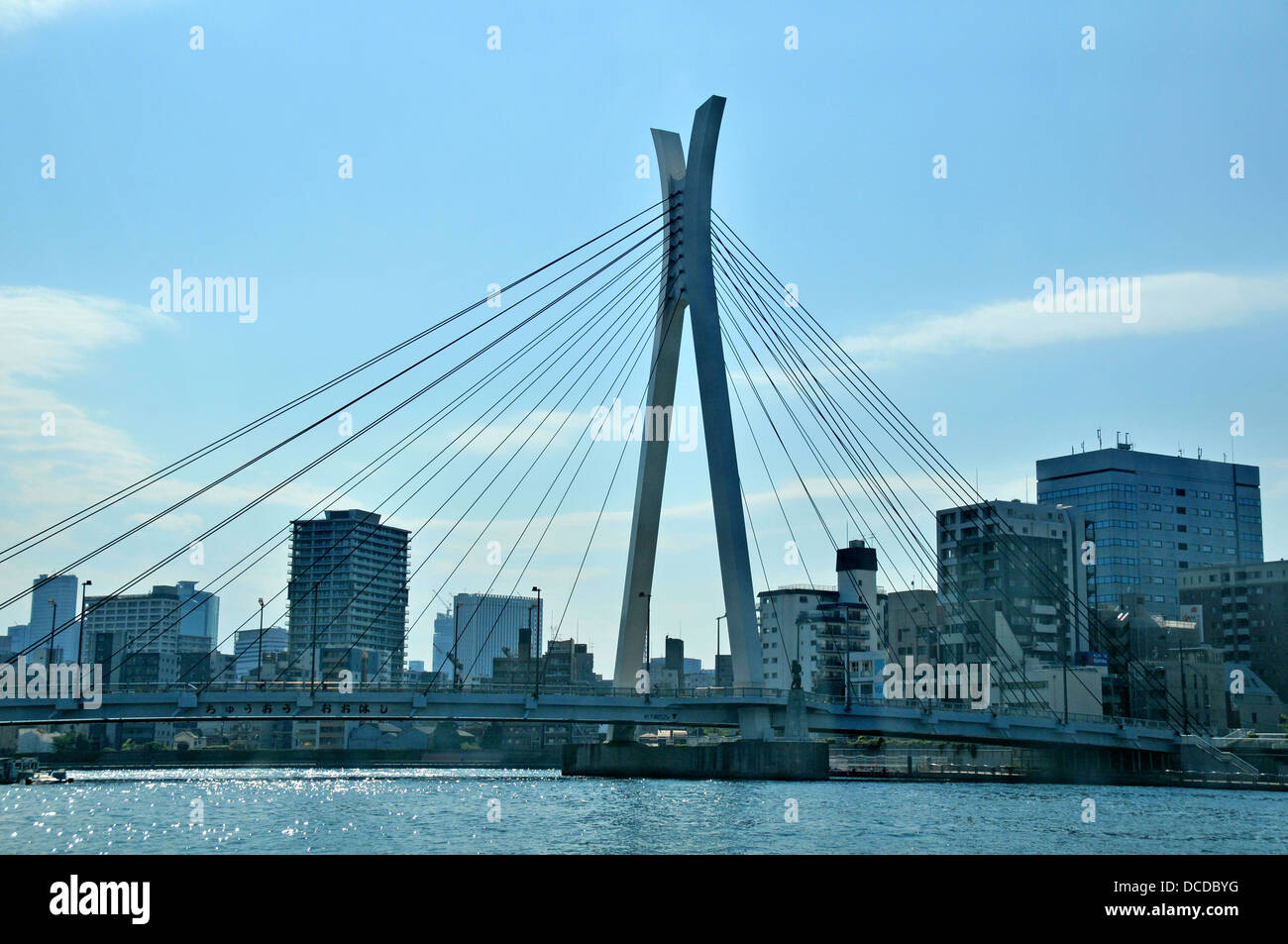 Single tower cable stayed bridge on the Sumida River in Tokyo Japan