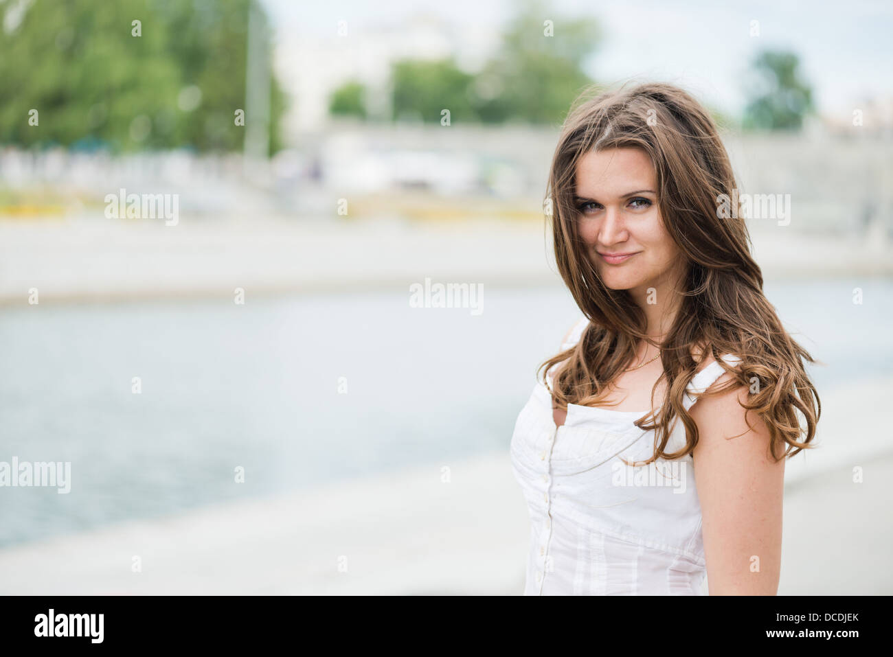 Pretty European Face Portrait of a beautiful european woman smiling outdoors Stock Photo - Alamy