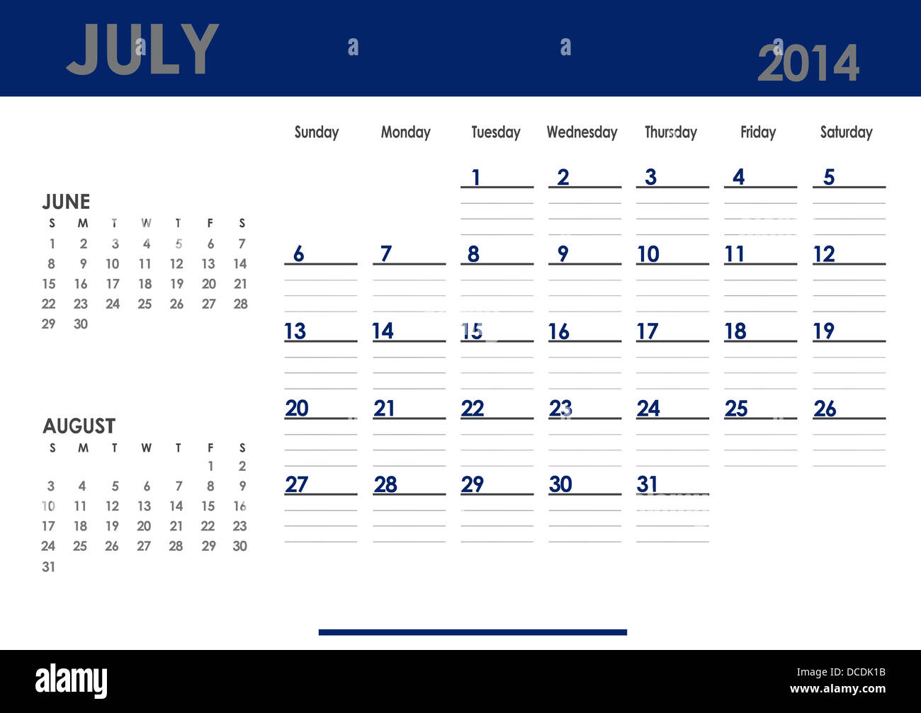 Monthly calendar for 2014 year - July. Start on Sunday. With previous and  next months Stock Photo - Alamy, image size:1300x1007