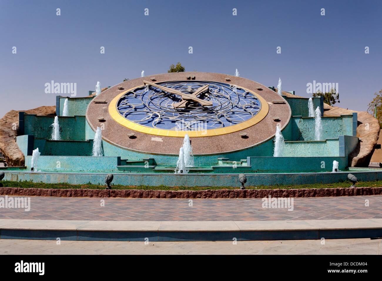 A large outdoor decorative clock with water fountains in Al Ain, UAE