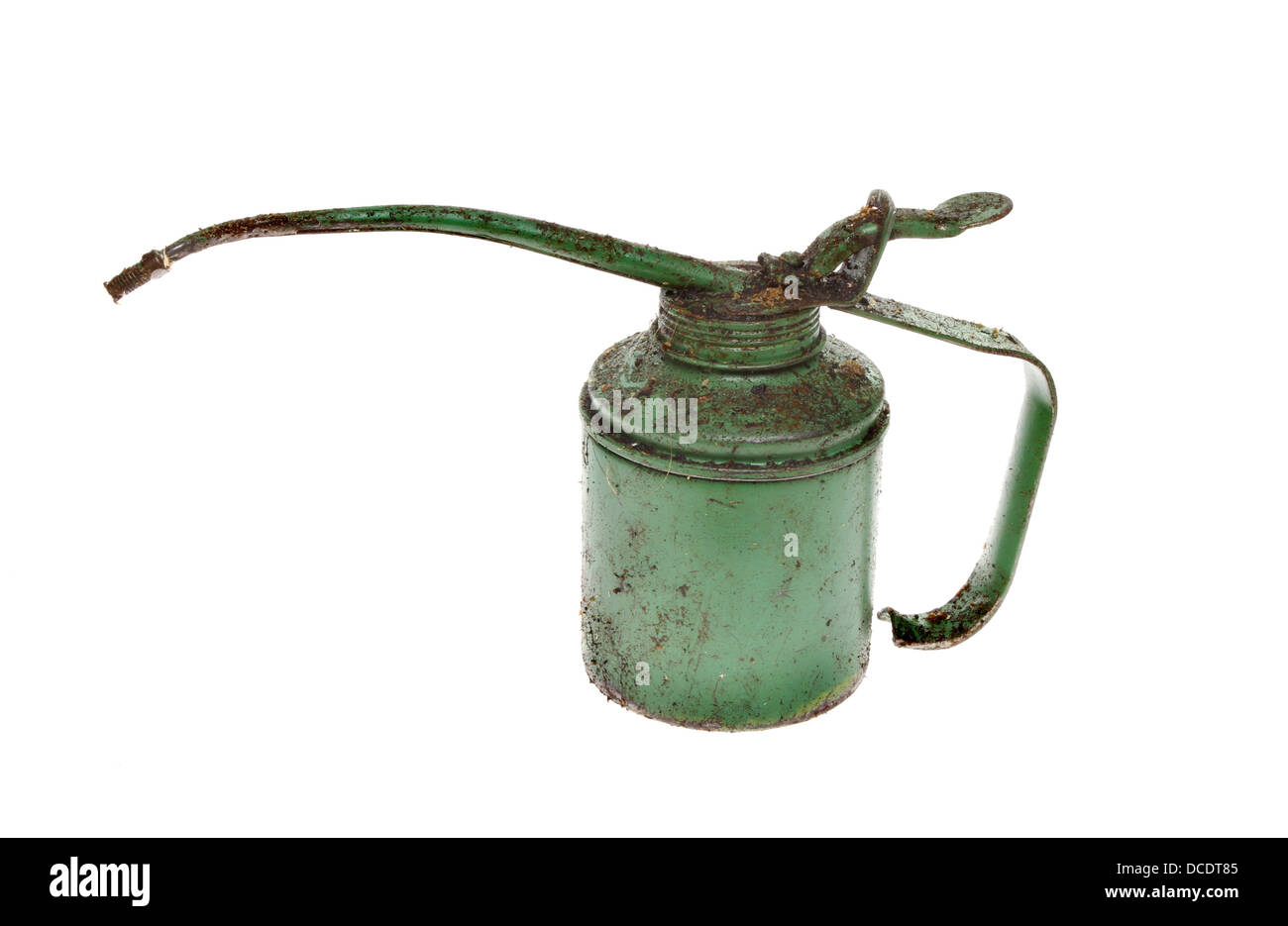 Old dirty oil can isolated against white Stock Photo
