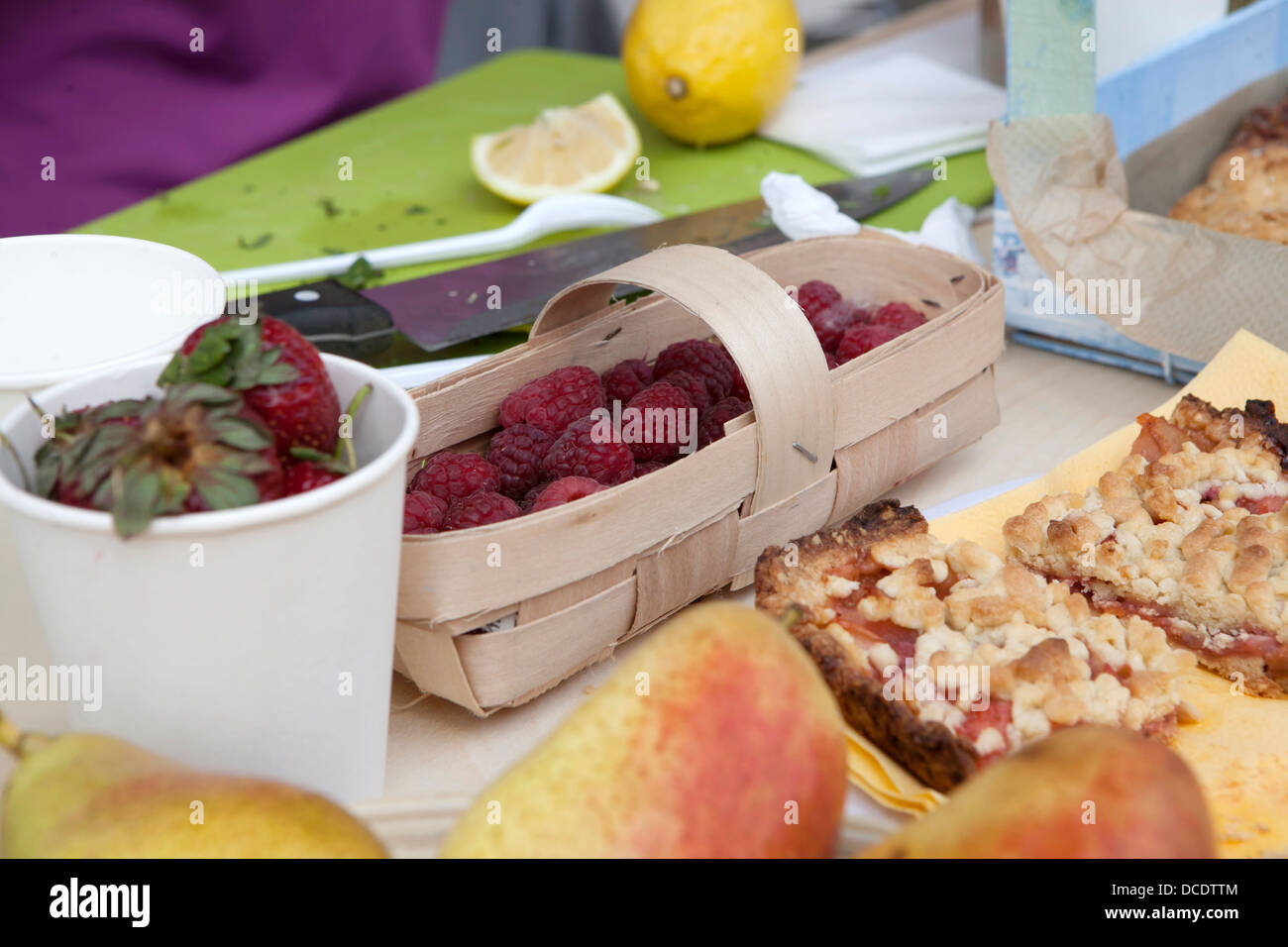 Fresh fruit and cookies on display Stock Photo Alamy