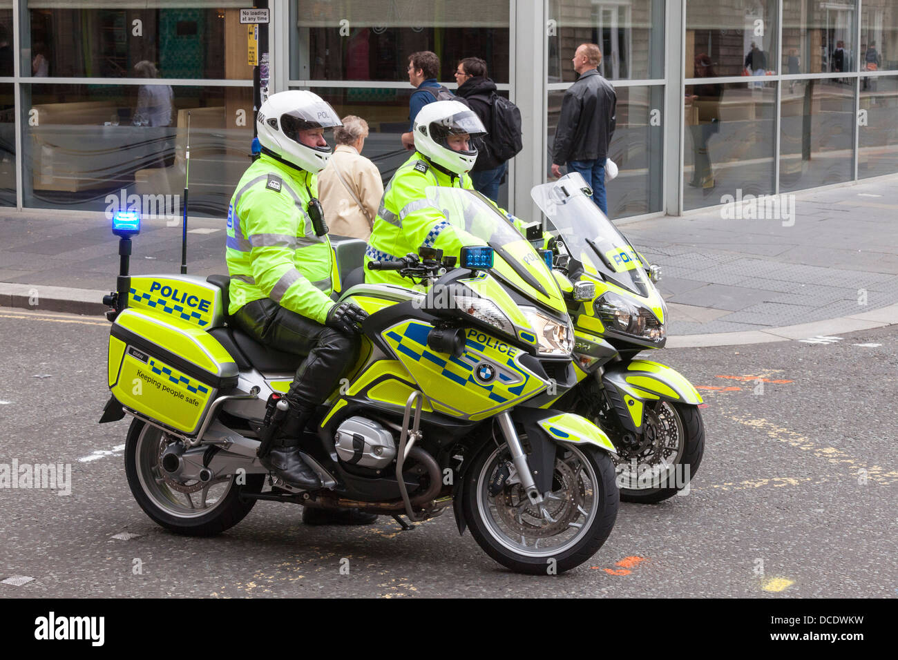 Two police motorcyclists from Police Scotland, photographed in Glasgow, Scotland, UK Stock Photo