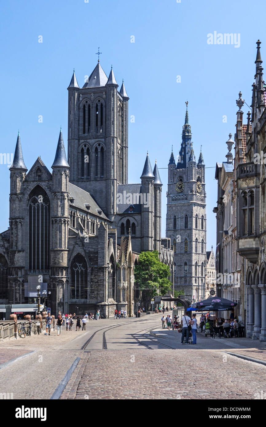 The Saint Nicholas' church / Sint-Niklaaskerk and belfry in the historic centre of Ghent, East Flanders, Belgium Stock Photo