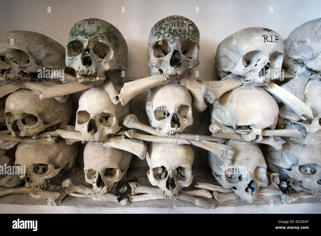 Skulls and bones in the church of Unter Griesbach in southern Germany Stock Photo
