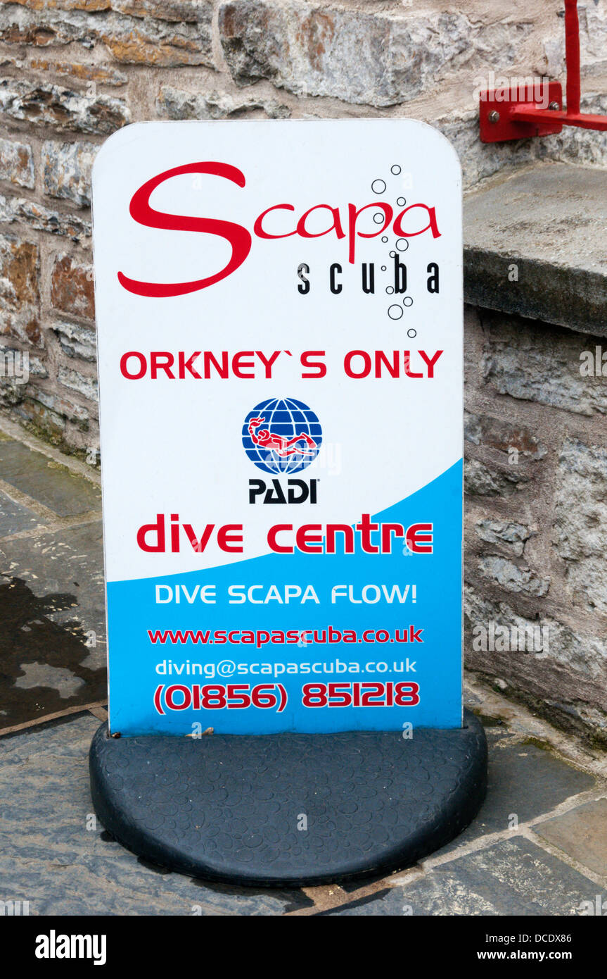 A sign for the Scapa Scuba dive centre in Stromness, Orkney. Stock Photo