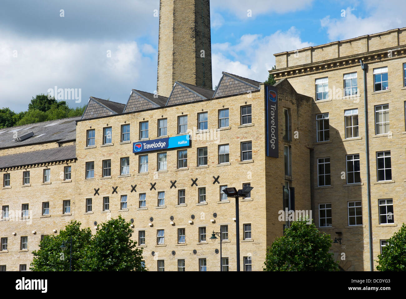 Travelodge Hotel at Dean Clough Mills, Halifax, West Yorkshire, England UK Stock Photo