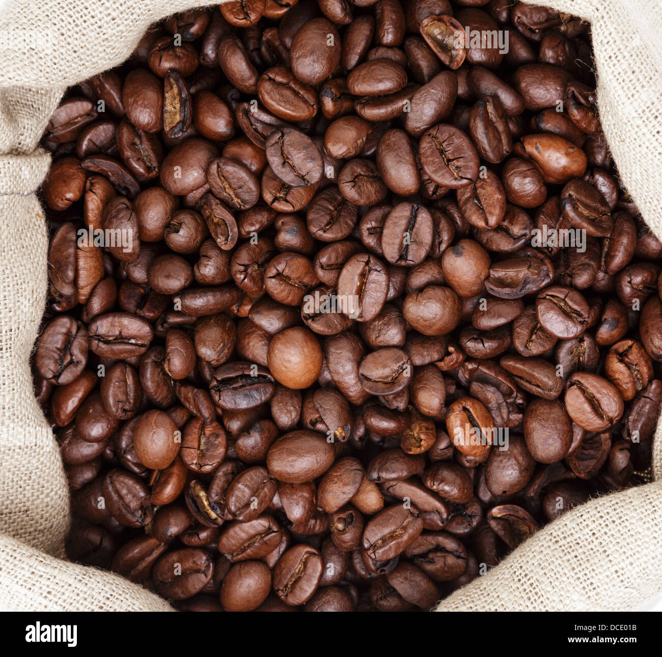 sack bag full of roasted coffee beans, close up Stock Photo