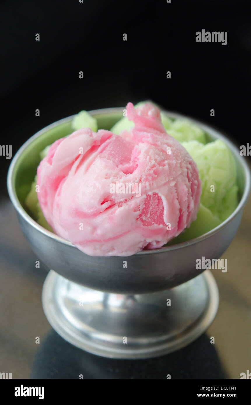strawberry ice cream and green tea ice cream in bowl Stock Photo Alamy