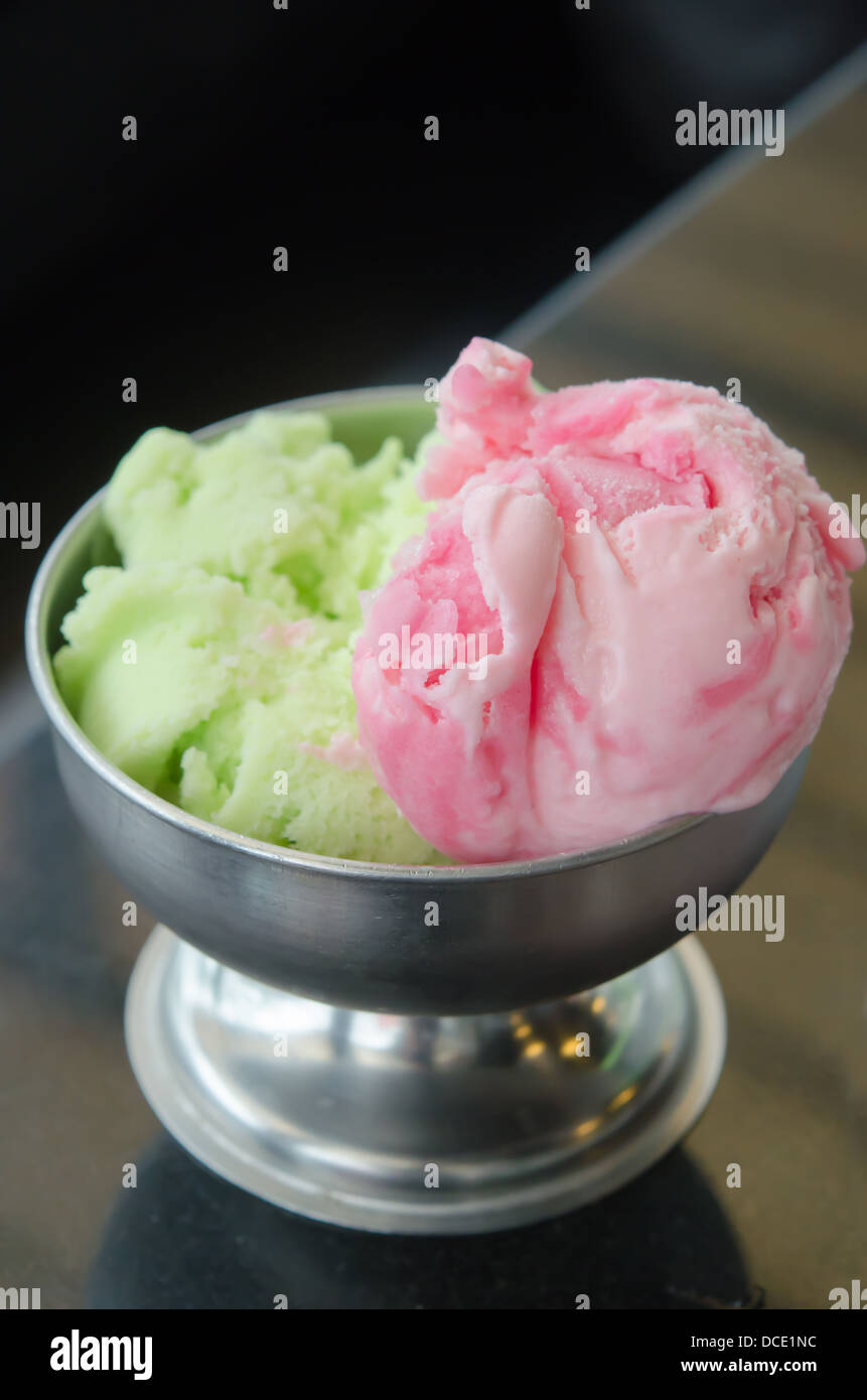 strawberry ice cream and green tea ice cream in bowl Stock Photo Alamy