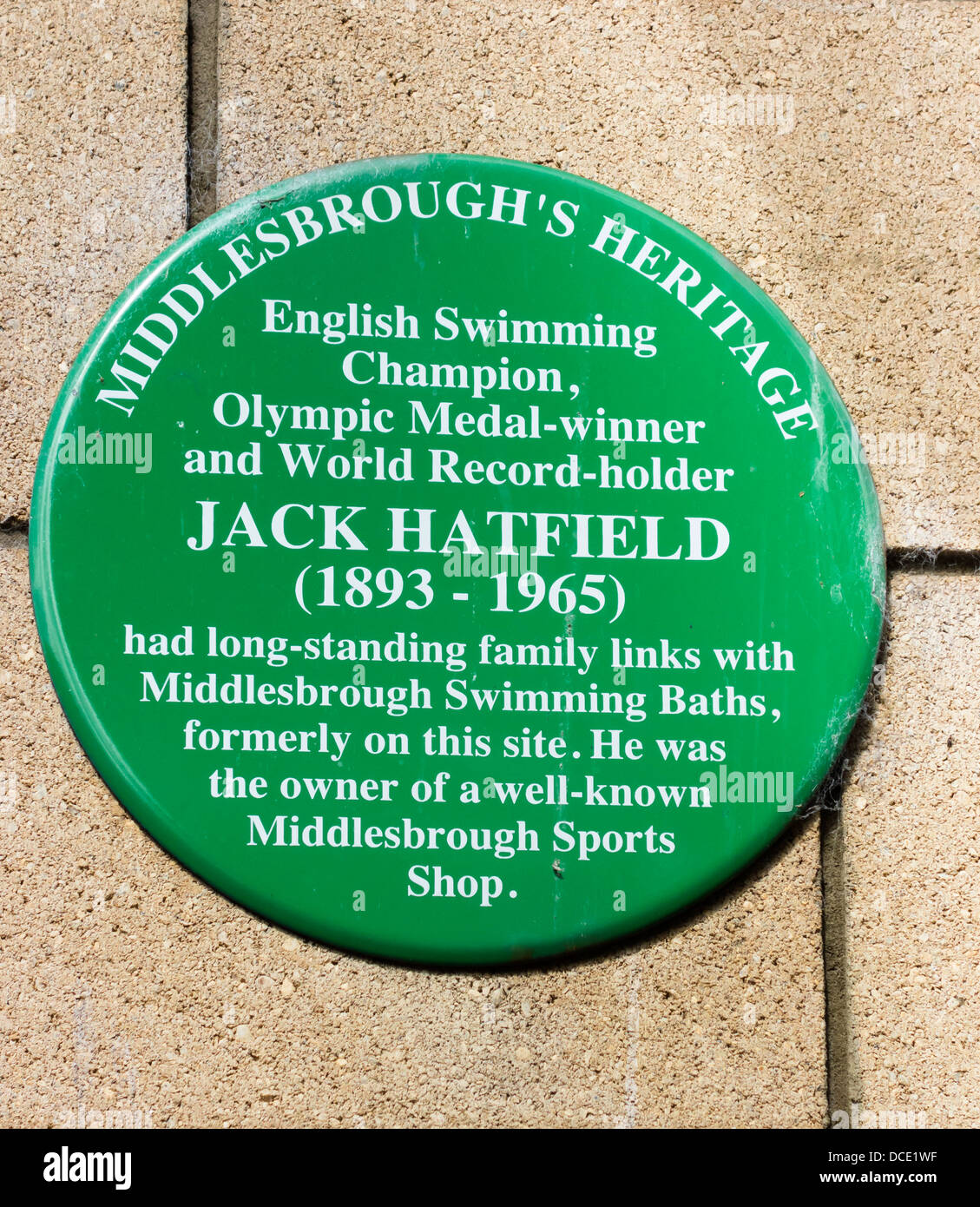 Middlesbrough Heritage commemorative plaque for Jack Hadfield English swimming champion Olympic Record Holder World Champion Stock Photo