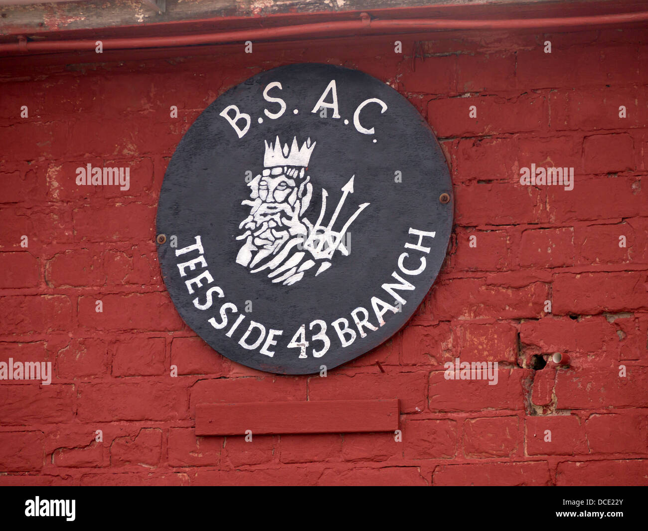 Hand painted sign BSAC Teesside 43 Branch British sub Aqua Club hut Stock Photo