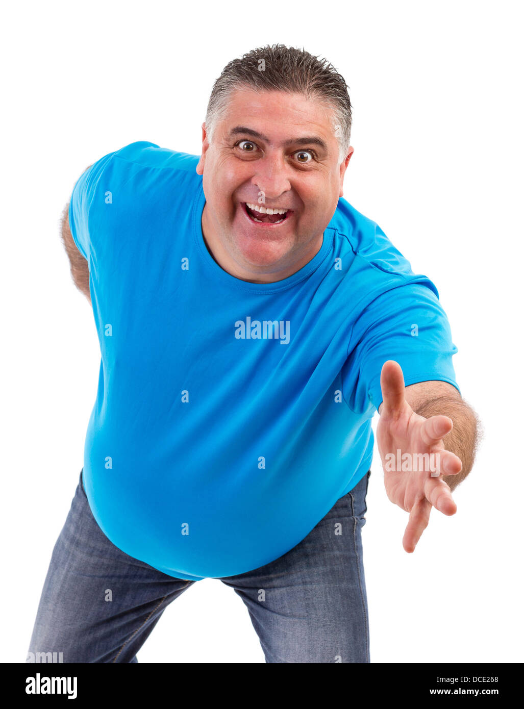 excited man with arm outstretched isolated on white Stock Photo