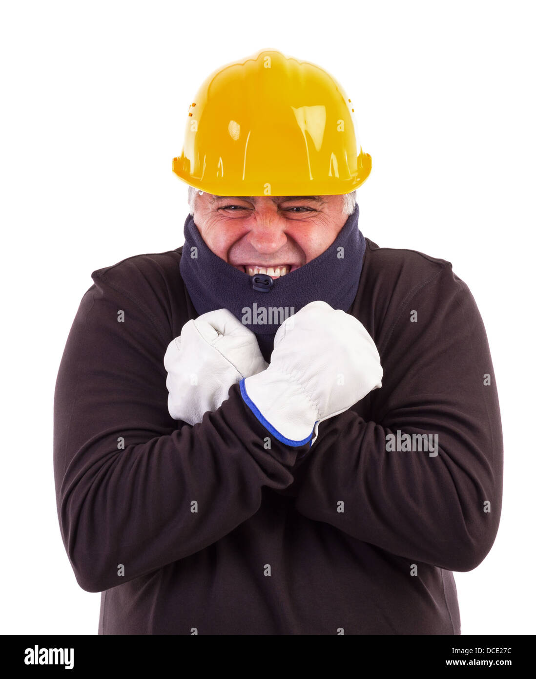 Worker suffering cold with arms crossed isolated on white background