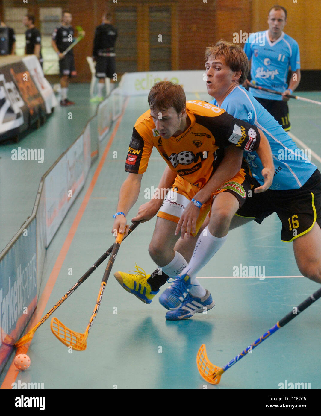 Prague, Czech Republic. 15th Aug, 2013. International Floorball tournament Czech Open match 1. SC Vitkovice vs Lekrings in Prague, Czech Republic on August 15, 2013. Oldrich Sova (left) of Vitkovice and Martins Rajeckis of Lekrings. © CTK/Alamy Live News Stock Photo