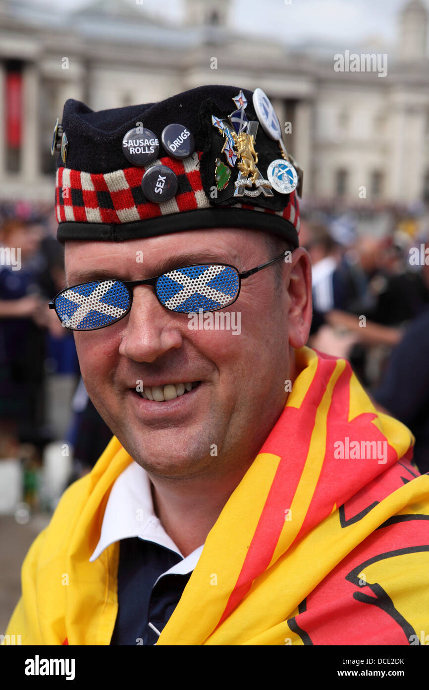 London, UK. 14th Aug, 2013. A Scottish football fan at Trafalgar Square in London, England. The Scotland fans gathered ahead of the England versus Scotland friendly match that England won 3-2. Credit:  whyeyephotography.com/Alamy Live News Stock Photo