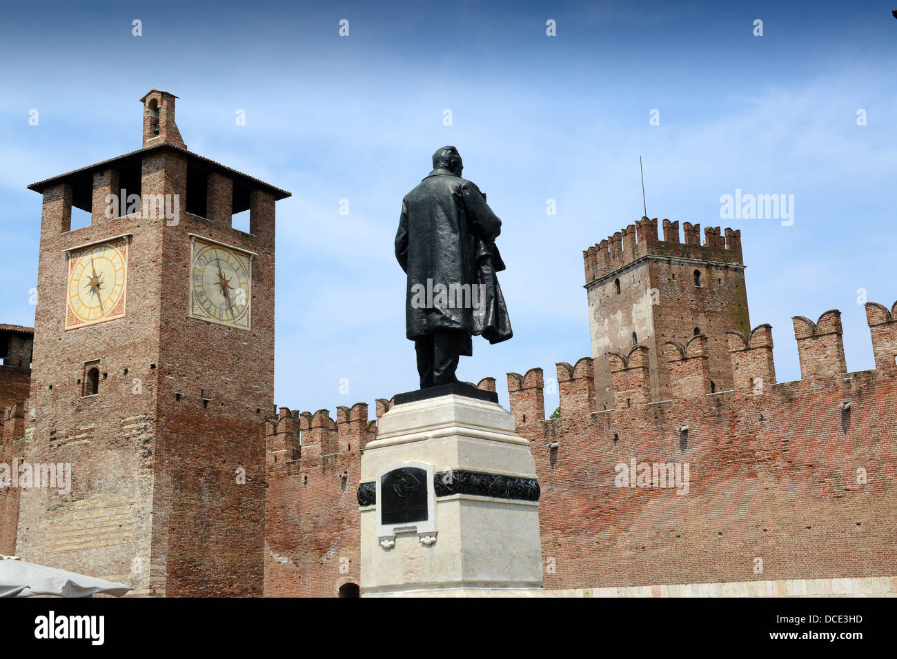 Verona Italy statue of Camillo Benso Count of Cavour and Castelvecchio castle Stock Photo