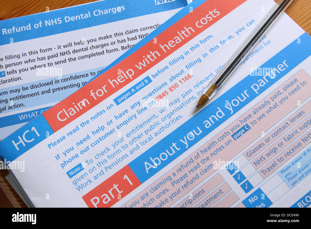 HC1 NHS claim form for help with medical and dental expenses Stock Photo