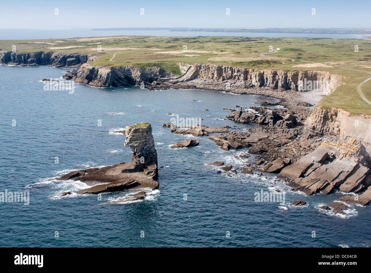 Castlemartin Range MOD land Pen y Holt sea stack Pembrokeshire West Wales UK Stock Photo