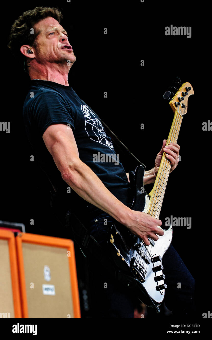 Aug. 11, 2013 - Toronto, Ontario, Canada - American heavy metal band 'Newsted' on stage at Molson Canadian Amphitheatre in Toronto during Gigantour 2013..Band members:.JASON NEWSTED.MIKE MUSHOK.JESSIE FARMSWORTH.JESUS MENDEZ JR. (Credit Image: © Igor Vidyashev/ZUMAPRESS.com) Stock Photo