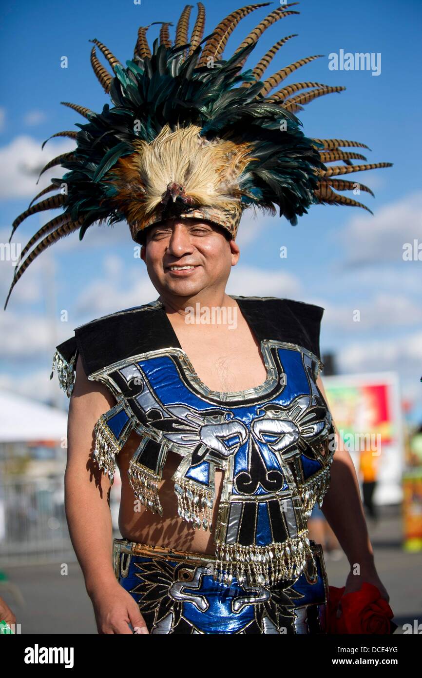 East Rutherford, New Jersey, USA. 14th Aug, 2013. August 14, 2013: A man dressed up as an Aztec warrior wears a head dress during the International friendly match between Mexico and Ivory Coast at Met Life Stadium, East Rutherford, NJ. © csm/Alamy Live News Stock Photo