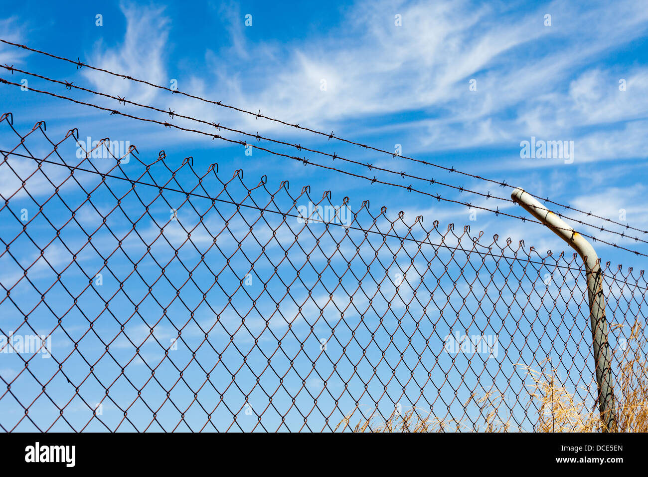 Mesh fence with barbed wire on a background of blue sky Stock Photo - Alamy