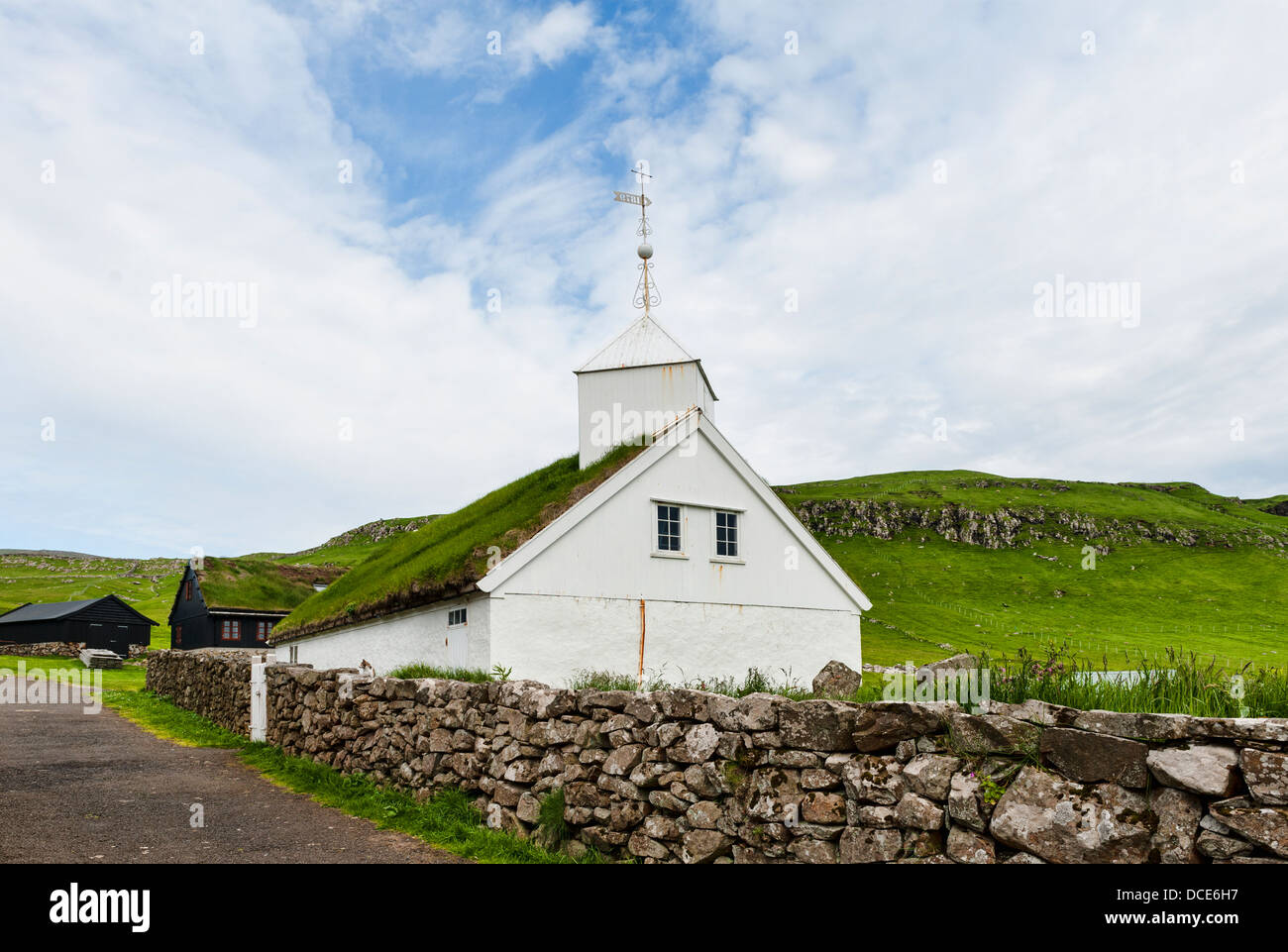 Small village church in Mykines in the Faroe Islands Stock Photo