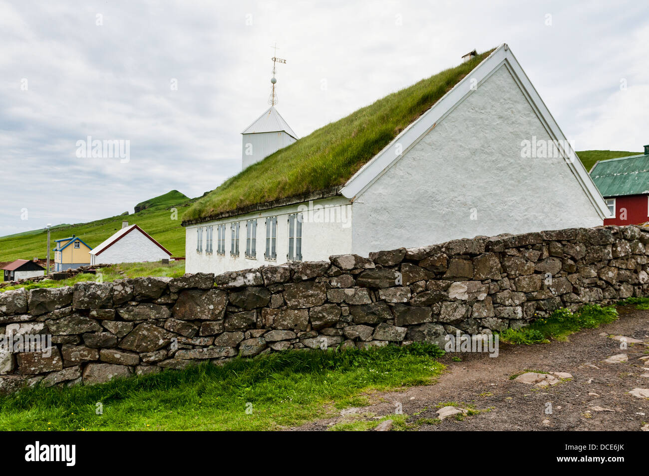 Small village church in Mykines in the Faroe Islands Stock Photo