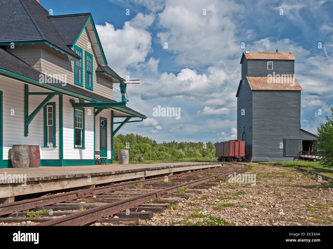Elevator And Train Station At The Ukrainian Village Near Edmonton, Alberta, Canada Stock Photo