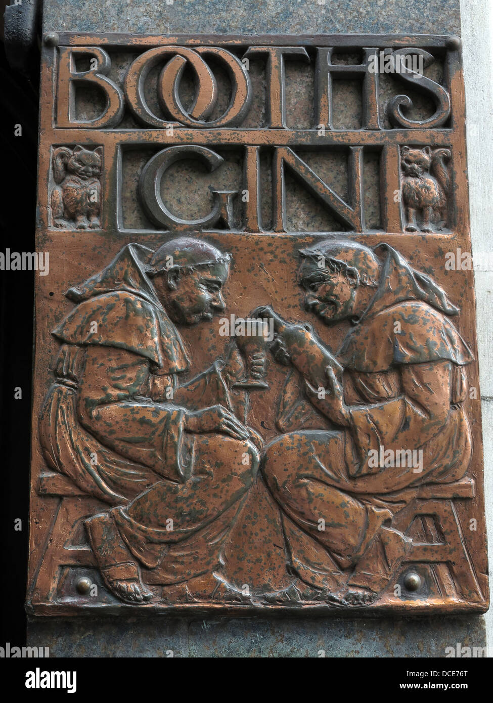 Booths Gin in copper engraving plate, outside the historic Black Friar pub , Blackfriars London England UK Stock Photo