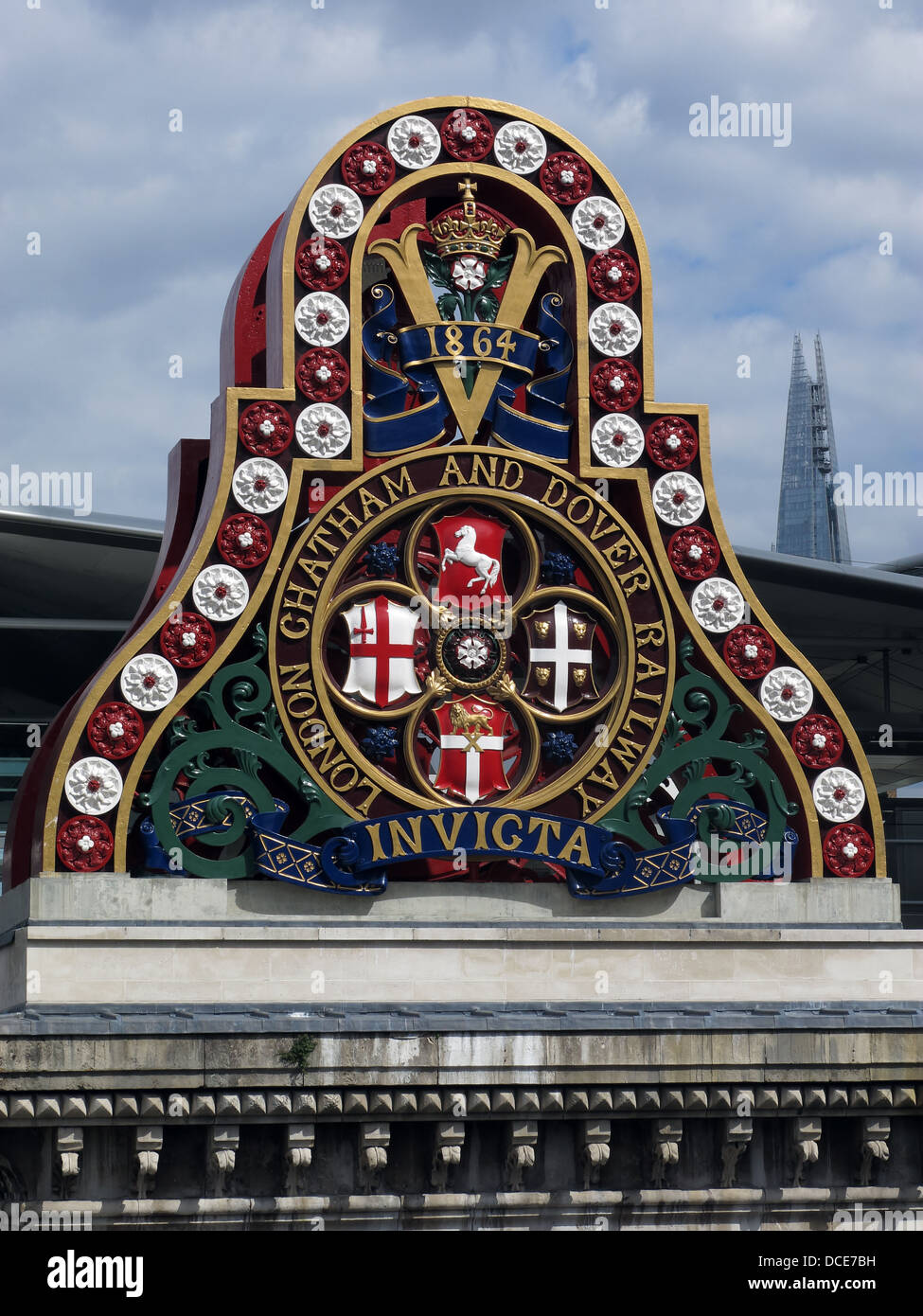 London Chatham and Dover railway Invicta bridge support at Blackfriars London, England with The Shard in the background. Stock Photo