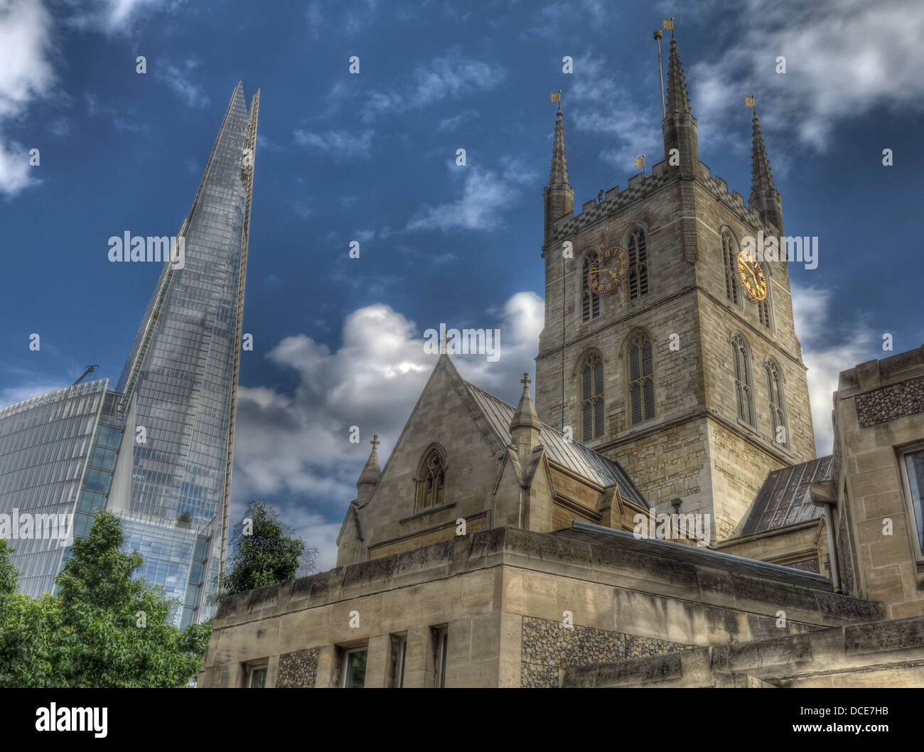 The new completed Shard and Southwark cathedral Stock Photo