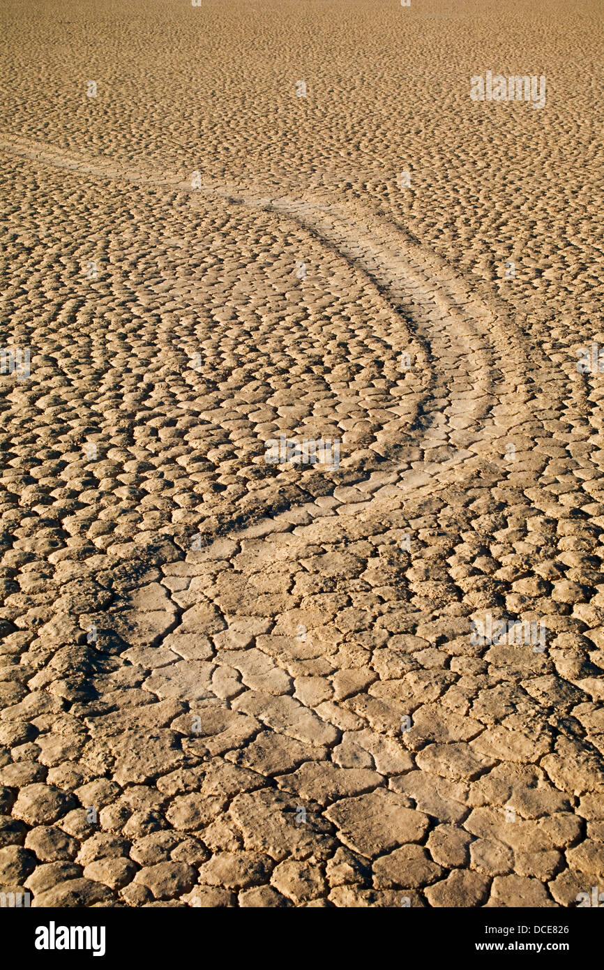 Tracks left by mysterious moving rocks on the dried flat mud at the Racetrack Playa, Death Valley National Park, California Stock Photo