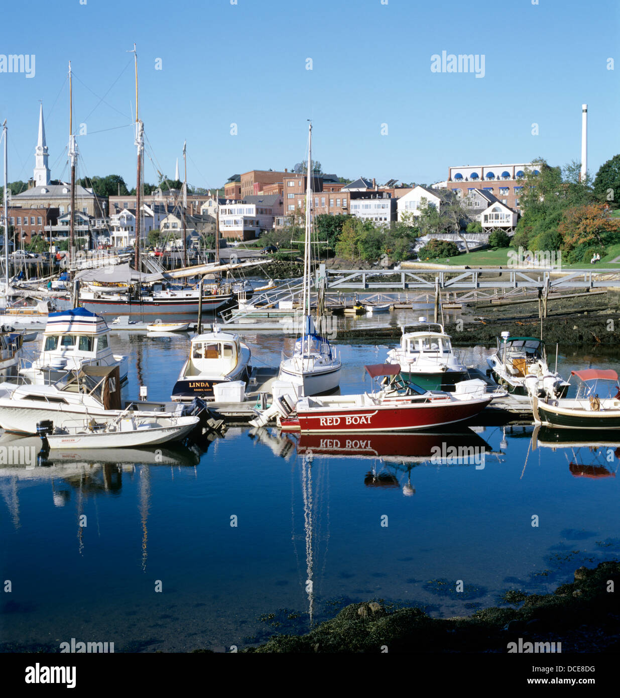 view of old town of Bar Harbor Maine from the harbor Stock Photo